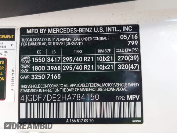 2017 Mercedes-Benz GLS 550 with VIN 4JGDF7DE2HA784150, listed as a IAAI auction lot 41666643 with 88,654 mi miles and . Bid and sale history available at DreamBid. Image 9.