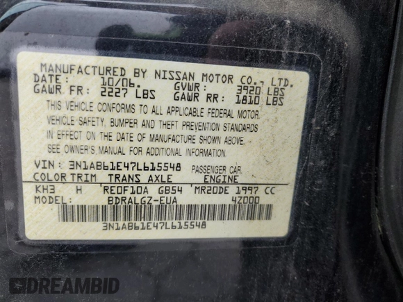 2007 Nissan Sentra 2.0 with VIN 3N1AB61E47L615548, listed as a Copart auction lot 50928135 with 122,186 mi miles and Salvage Title. Bid and sale history available at DreamBid. Image 13.