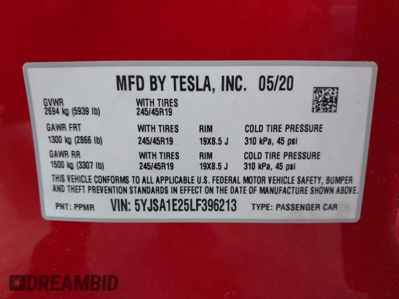 2020 Tesla Model S Long Range with VIN 5YJSA1E25LF396213, listed as a IAAI auction lot 42383231 with 73,125 mi miles and . Bid and sale history available at DreamBid. Image 9.
