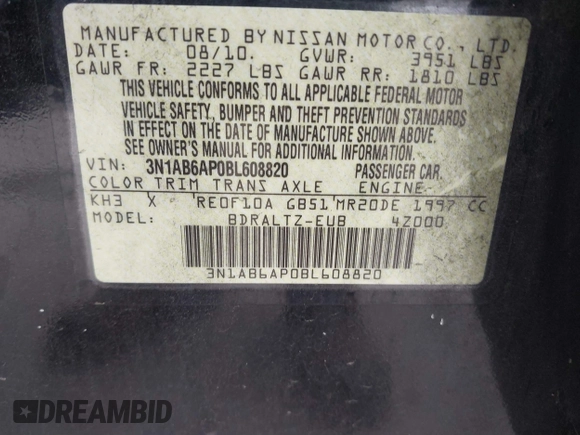 2011 Nissan Sentra SR with VIN 3N1AB6AP0BL608820, listed as a IAAI auction lot 41903569 with 152,042 mi miles and . Bid and sale history available at DreamBid. Image 9.