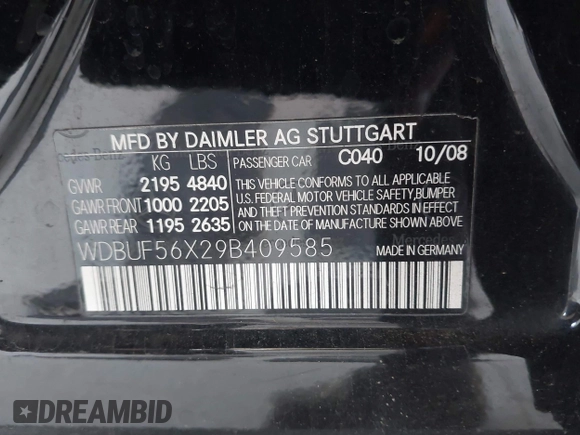 2009 Mercedes-Benz E-Class Luxury 3.5L with VIN WDBUF56X29B409585, listed as a IAAI auction lot 42046431 with 217,755 mi miles. Bid and sale history available at carsss.com. Image 9.