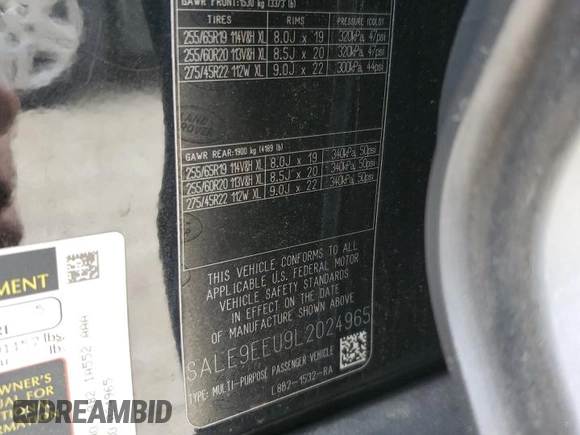 2020 Land Rover Defender HSE with VIN SALE9EEU9L2024965, listed as a Copart auction lot 45340185 with 49,705 mi miles and Salvage title. Bid and sale history available at DreamBid. Image 13.