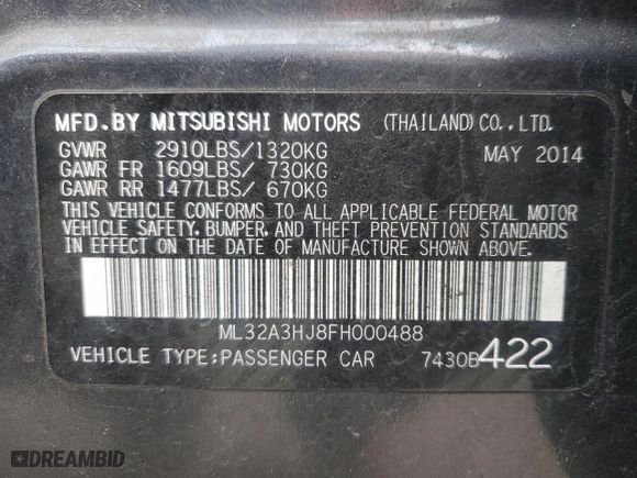 2015 Mitsubishi Mirage DE with VIN ML32A3HJ8FH000488, listed as a Copart auction lot 51011125 with 198,947 mi miles and Clean Title. Bid and sale history available at carsss.com. Image 12.