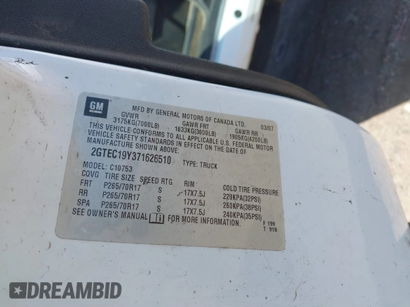 2007 GMC Sierra 1500 with VIN 2GTEC19Y371626510, listed as a IAAI auction lot 41805416 with 179,677 mi miles and . Bid and sale history available at DreamBid. Image 9.