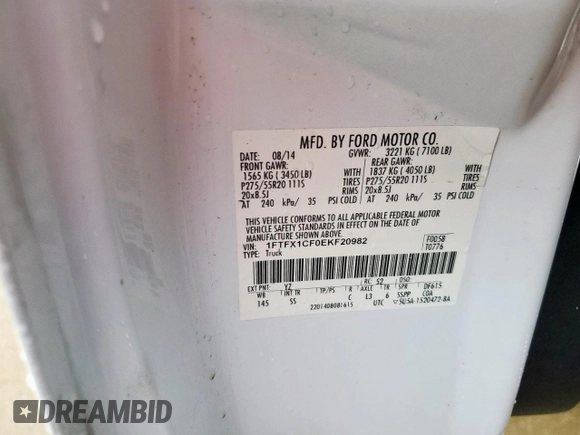 2014 Ford F-150 XL with VIN 1FTFX1CF0EKF20982, listed as a Copart auction lot 54354955 with 137,093 mi miles and Salvage Title. Bid and sale history available at DreamBid. Image 12.