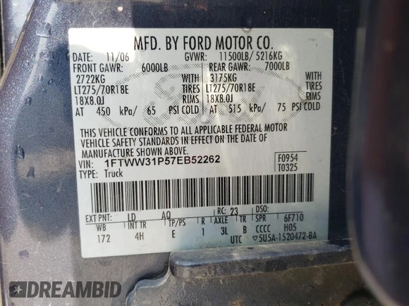 2007 Ford F-350 XL z VIN 1FTWW31P57EB52262, wystawiony jako Copart lot #60138785 z przebiegiem 170 721 mil mil oraz Szkoda całkowita • Salvage title. Historia ofert i sprzedaży dostępna na DreamBid. Obrazek 12.