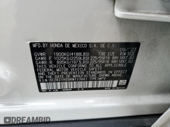 2024 Honda HR-V Sport with VIN 3CZRZ1H59RM723661, listed as a Copart auction lot 47883415 with 24,176 mi miles and Salvage Title. Bid and sale history available at carsss.com. Image 14.