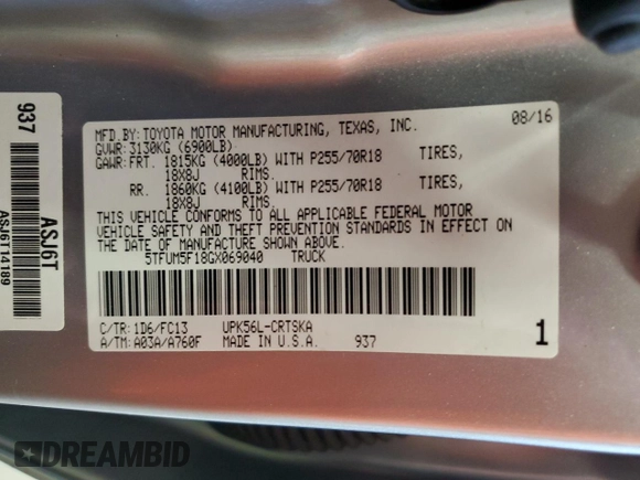 2016 Toyota Tundra SR z VIN 5TFUM5F18GX069040, wystawiony jako Copart lot #55292665 z przebiegiem 222 874 mil mil oraz Czysty tytuł • Clean title. Historia ofert i sprzedaży dostępna na DreamBid. Obrazek 12.
