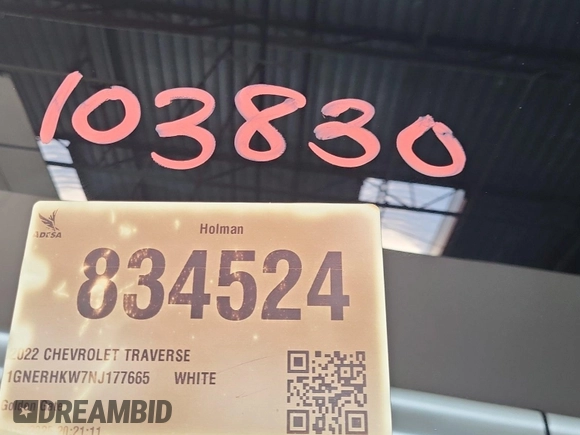 2022 Chevrolet Traverse LT with VIN 1GNERHKW7NJ177665, listed as a IAAI auction lot 42667314 with 103,830 mi miles and . Bid and sale history available at DreamBid. Image 24.