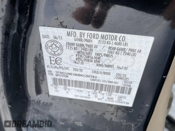 2011 Ford Escape Limited with VIN 1FMCU9EG6BKC55783, listed as a Copart auction lot 45193685 with Not Provided miles and Salvage Title. Bid and sale history available at DreamBid. Image 9.