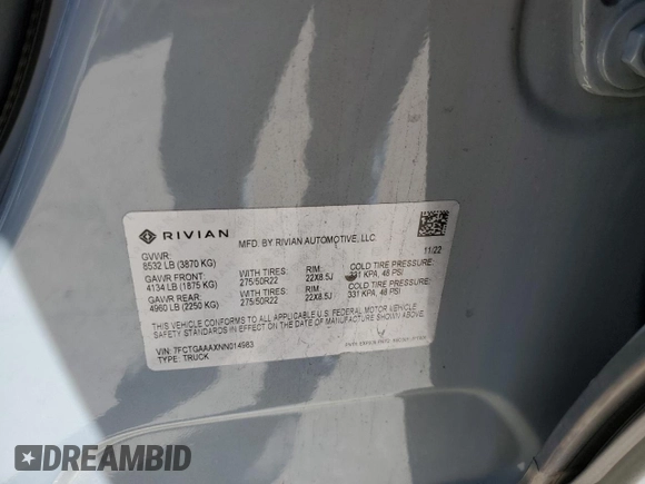 2022 Rivian R1T Adventure z VIN 7FCTGAAAXNN014983, wystawiony jako Copart lot #48987605 z przebiegiem Nie podano mil oraz Szkoda całkowita • Salvage title. Historia ofert i sprzedaży dostępna na DreamBid. Obrazek 12.