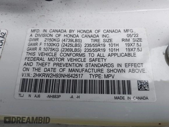 2022 Honda CR-V Touring with VIN 2HKRW2H93NH642517, listed as a IAAI auction lot 41708249 with 27,491 mi miles. Bid and sale history available at carsss.com. Image 9.