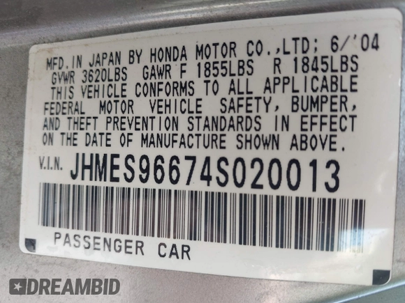 2004 Honda Civic with VIN JHMES96674S020013, listed as a IAAI auction lot 41827411 with 118,601 mi miles. Bid and sale history available at carsss.com. Image 9.