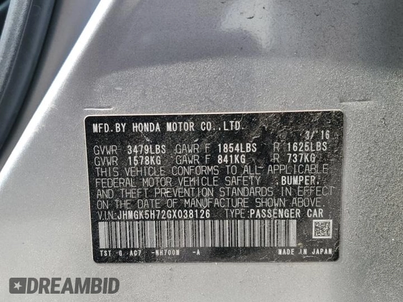 2016 Honda Fit EX with VIN JHMGK5H72GX038126, listed as a Copart auction lot 57327885 with 195,917 mi miles and Salvage title. Bid and sale history available at DreamBid. Image 12.