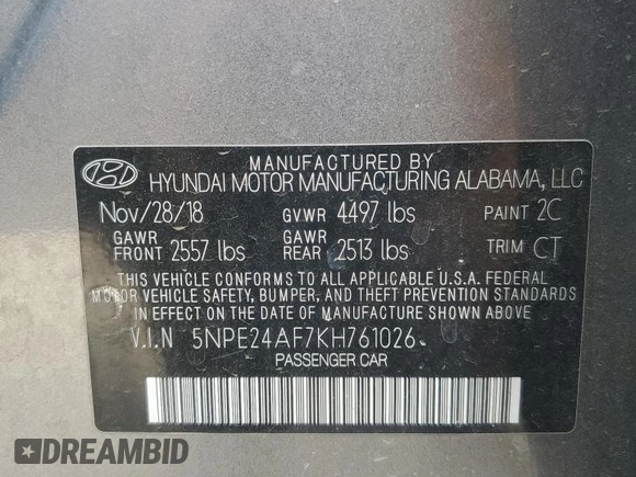 2019 Hyundai Sonata SE with VIN 5NPE24AF7KH761026, listed as a Copart auction lot 54559785 with 120,749 mi miles and Salvage Title. Bid and sale history available at carsss.com. Image 12.