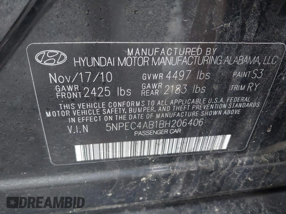2011 Hyundai Sonata SE with VIN 5NPEC4AB1BH206406, listed as a IAAI auction lot 42178981 with 137,063 mi miles and . Bid and sale history available at carsss.com. Image 9.