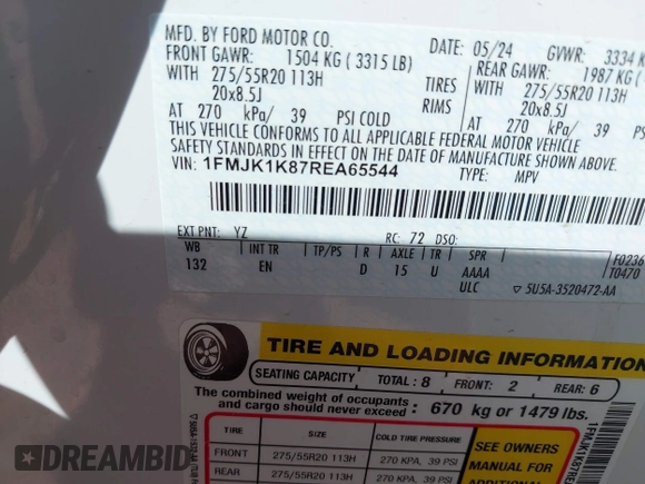 2024 Ford Expedition Max Limited with VIN 1FMJK1K87REA65544, listed as a IAAI auction lot 41627008 with 33,380 mi miles and . Bid and sale history available at DreamBid. Image 9.