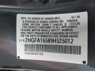 2009 Honda Civic Sdn LX with VIN 2HGFA16589H525012, listed as a IAAI auction lot 41878674 with 109,832 mi miles. Bid and sale history available at carsss.com. Image 9.