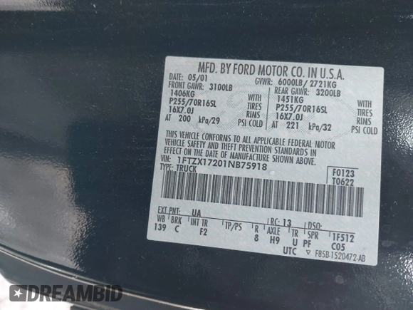 2001 Ford F-150 XL z VIN 1FTZX17201NB75918, wystawiony jako IAAI lot #41541039 z przebiegiem 225 005 mil mil oraz . Historia ofert i sprzedaży dostępna na DreamBid. Obrazek 9.