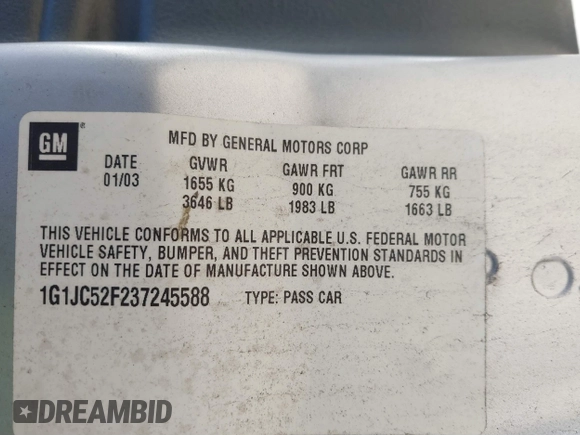 2003 Chevrolet Cavalier with VIN 1G1JC52F237245588, listed as a IAAI auction lot 41759344 with 98,895 mi miles and . Bid and sale history available at DreamBid. Image 9.