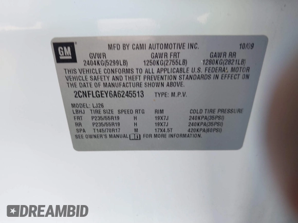 2010 Chevrolet Equinox LTZ with VIN 2CNFLGEY6A6245513, listed as a IAAI auction lot 41853224 with 130,999 mi miles and . Bid and sale history available at DreamBid. Image 9.