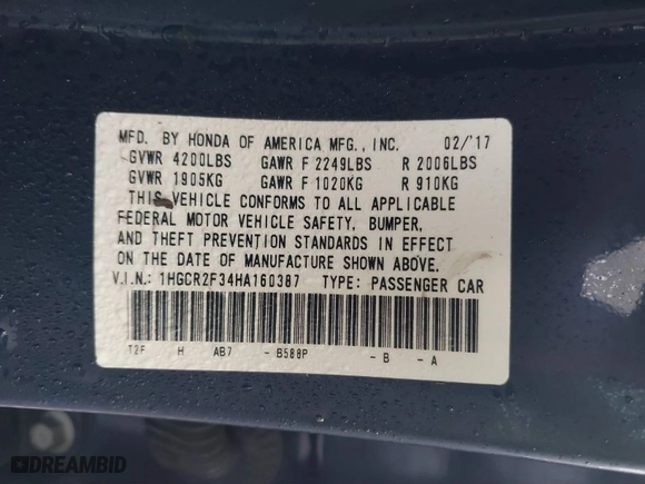 2017 Honda Accord Sedan LX with VIN 1HGCR2F34HA160387, listed as a IAAI auction lot 41411347 with 125,493 mi miles. Bid and sale history available at carsss.com. Image 9.