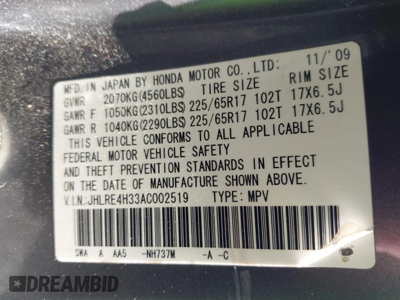 2010 Honda CR-V LX with VIN JHLRE4H33AC002519, listed as a IAAI auction lot 42577053 with 290,435 mi miles and . Bid and sale history available at DreamBid. Image 9.