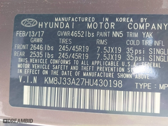 2017 Hyundai Tucson Value with VIN KM8J33A27HU430198, listed as a IAAI auction lot 42104369 with 163,929 mi miles. Bid and sale history available at carsss.com. Image 9.