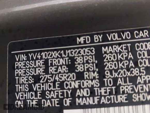 2018 Volvo XC90 Momentum with VIN YV4102XK1J1323053, listed as a IAAI auction lot 41145820 with 117,538 mi miles and . Bid and sale history available at DreamBid. Image 9.