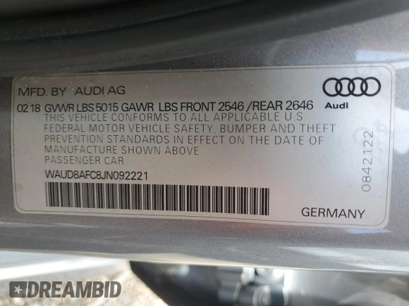 2018 Audi A6 Premium Plus with VIN WAUD8AFC8JN092221, listed as a Copart auction lot 55961053 with 36,126 mi miles. Bid and sale history available at carsss.com. Image 12.