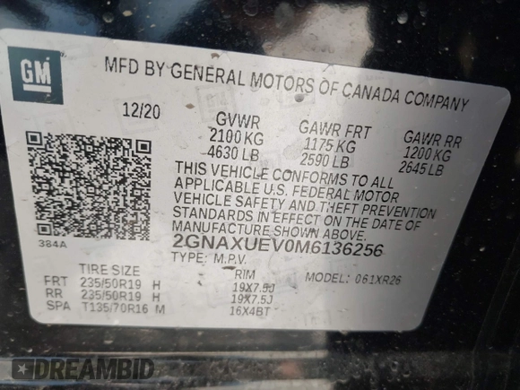 2021 Chevrolet Equinox LT z VIN 2GNAXUEV0M6136256, wystawiony jako IAAI lot #42266154 z przebiegiem 48 624 mil mil oraz . Historia ofert i sprzedaży dostępna na DreamBid. Obrazek 9.