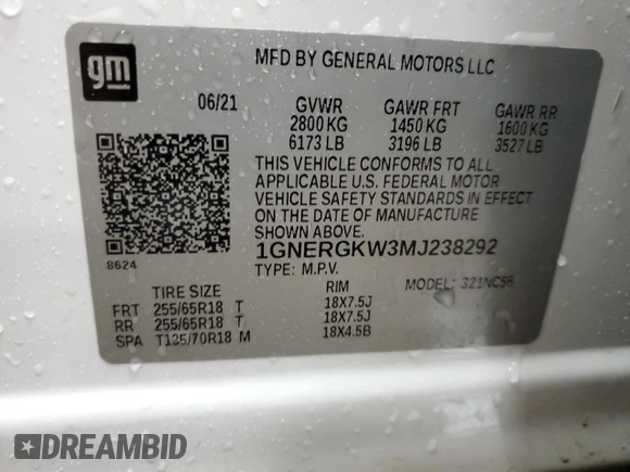 2021 Chevrolet Traverse LT Cloth with VIN 1GNERGKW3MJ238292, listed as a Copart auction lot 85295904 with 25,813 mi miles and Non Repairable. Bid and sale history available at carsss.com. Image 14.