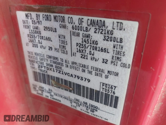 1997 Ford F-150 with VIN 2FTDX1721VCA79379, listed as a IAAI auction lot 41325847 with 329,583 mi miles and . Bid and sale history available at DreamBid. Image 9.