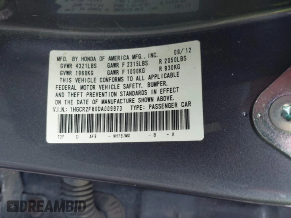 2013 Honda Accord Sdn EX-L with VIN 1HGCR2F80DA009973, listed as a IAAI auction lot 41869180 with 161,595 mi miles. Bid and sale history available at carsss.com. Image 9.