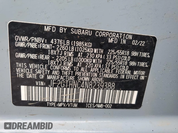 2022 Subaru Crosstrek Limited с VIN JF2GTHNC4N8239388, выставлен на аукционе Copart как лот 57982985 с пробегом 52 475 миль миль и Списание • Salvage title. История ставок и продаж доступна на DreamBid. Изображение 14.