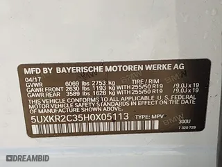 2017 BMW X5 sDrive35i with VIN 5UXKR2C35H0X05113, listed as a IAAI auction lot 41707270 with 1 mi miles. Bid and sale history available at carsss.com. Image 9.