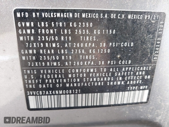 2022 Volkswagen Tiguan SE R-Line Black z VIN 3VVCB7AX4NM008121, wystawiony jako IAAI lot #41671382 z przebiegiem 71 674 mil mil oraz . Historia ofert i sprzedaży dostępna na DreamBid. Obrazek 9.