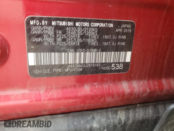 2018 Mitsubishi Eclipse Cross LE с VIN JA4AT4AA3JZ616163, выставлен на аукционе Copart как лот 61365355 с пробегом 94 871 миль миль и Списание • Salvage title. История ставок и продаж доступна на DreamBid. Изображение 14.