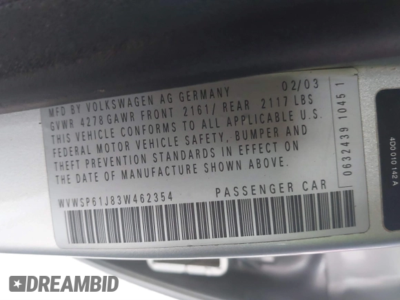 2003 Volkswagen Jetta with VIN WVWSP61J83W462354, listed as a IAAI auction lot 41076683 with 165,100 mi miles and . Bid and sale history available at DreamBid. Image 9.