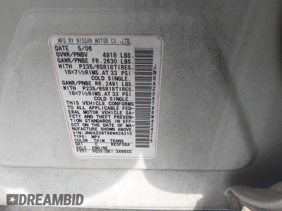 2006 Nissan Murano S z VIN JN8AZ08T96W424215, wystawiony jako IAAI lot #42126408 z przebiegiem 224 188 mil mil oraz . Historia ofert i sprzedaży dostępna na DreamBid. Obrazek 9.