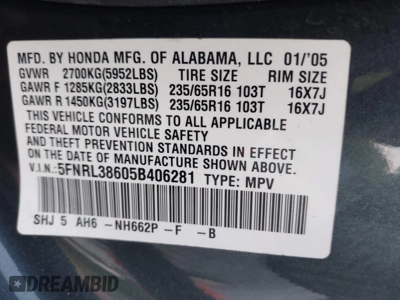 2005 Honda Odyssey EX-L with VIN 5FNRL38605B406281, listed as a IAAI auction lot 42582488 with 185,862 mi miles and . Bid and sale history available at DreamBid. Image 9.