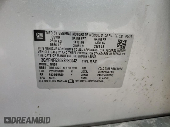 2014 Cadillac SRX Performance Collection with VIN 3GYFNFE30ES680042, listed as a Copart auction lot 56765445 with 91,174 mi miles and Non repairable. Bid and sale history available at DreamBid. Image 13.