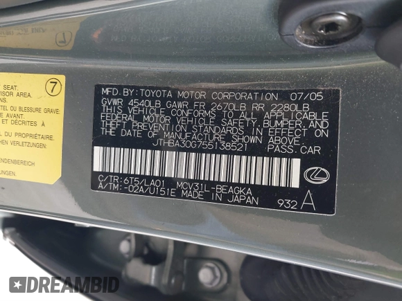 2005 Lexus ES 350 z VIN JTHBA30G755138521, wystawiony jako IAAI lot #41743952 z przebiegiem 83 664 mil mil oraz . Historia ofert i sprzedaży dostępna na DreamBid. Obrazek 9.