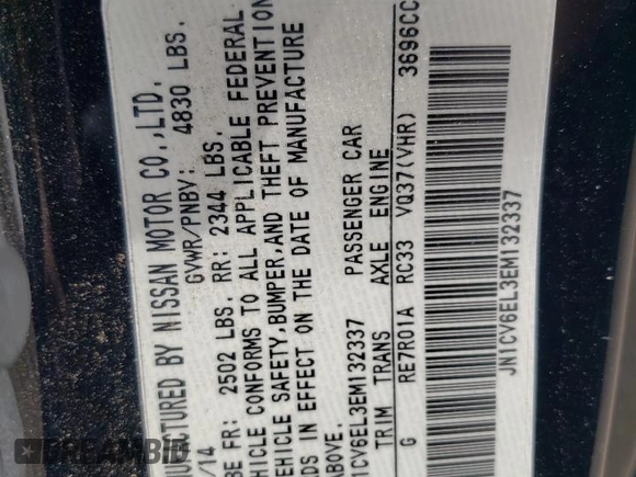 2014 Infiniti Q60 with VIN JN1CV6EL3EM132337, listed as a Copart auction lot 59591735 with 110,809 mi miles and Salvage title. Bid and sale history available at DreamBid. Image 12.