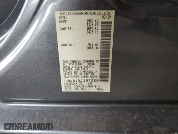 2019 Nissan Altima SR with VIN 1N4BL4CV2KC197288, listed as a Copart auction lot 48852335 with 333,333 mi miles and Clean Title. Bid and sale history available at carsss.com. Image 12.