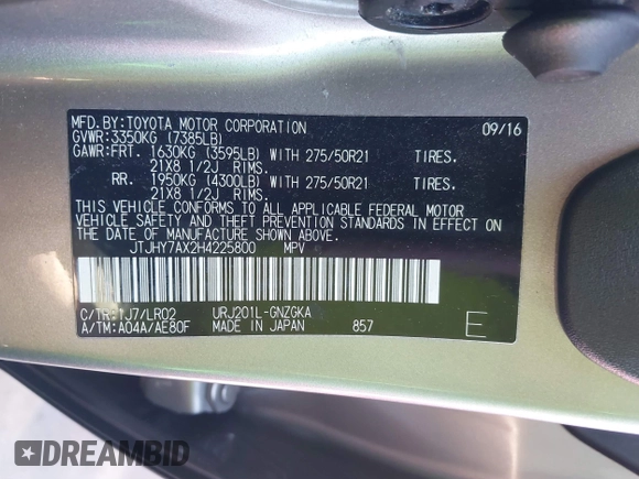2017 Lexus LX with VIN JTJHY7AX2H4225800, listed as a IAAI auction lot 41878043 with 94,317 mi miles. Bid and sale history available at carsss.com. Image 9.