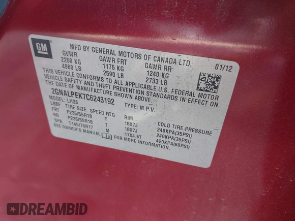 2012 Chevrolet Equinox 2LT z VIN 2GNALPEK7C6243192, wystawiony jako IAAI lot #42017481 z przebiegiem Nie podano mil oraz . Historia ofert i sprzedaży dostępna na DreamBid. Obrazek 9.
