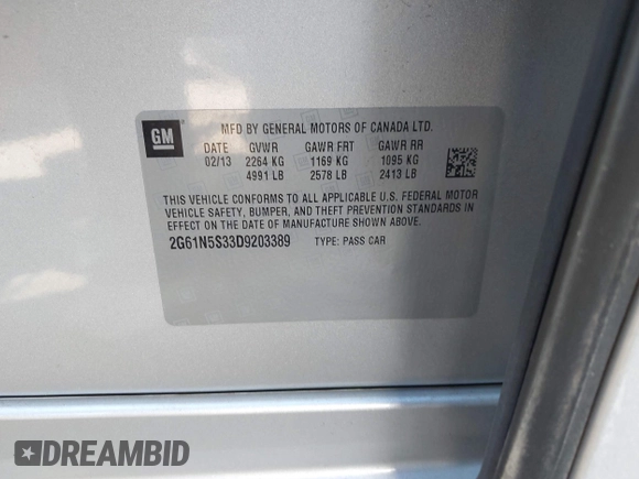 2013 Cadillac XTS with VIN 2G61N5S33D9203389, listed as a IAAI auction lot 41282913 with 72,293 mi miles. Bid and sale history available at carsss.com. Image 9.