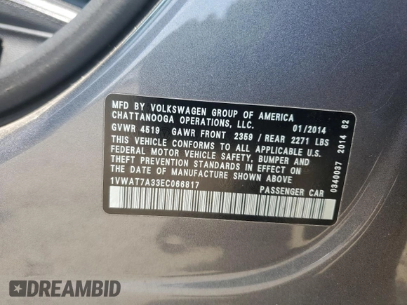 2014 Volkswagen Passat Wolfsburg Edition with VIN 1VWAT7A33EC066817, listed as a Copart auction lot 60502745 with 183,263 mi miles and Salvage title. Bid and sale history available at DreamBid. Image 12.