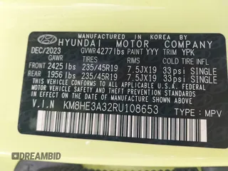 2024 Hyundai Kona Limited with VIN KM8HE3A32RU108653, listed as a IAAI auction lot 41550477 with 9,338 mi miles. Bid and sale history available at carsss.com. Image 9.